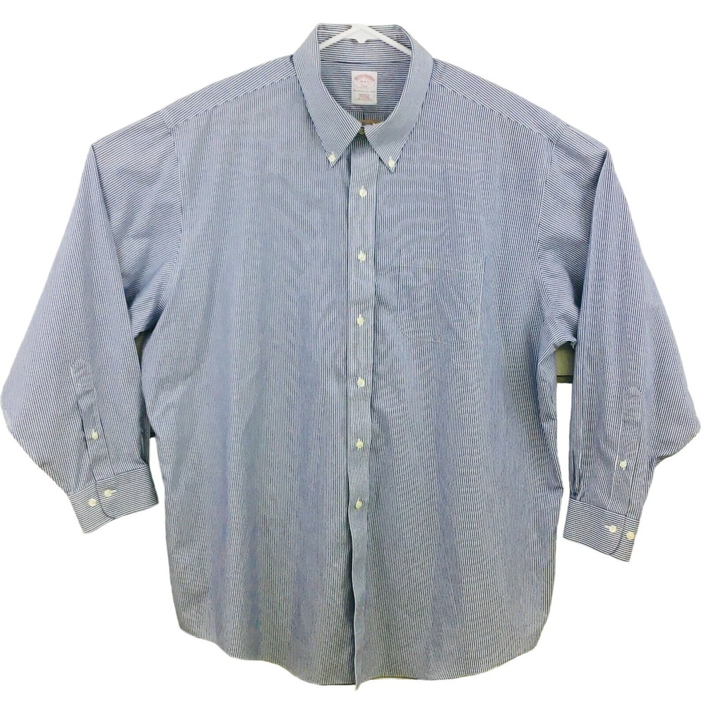 Mens 18-4/5 Brooks Bros Shirt Blue White Stripe Button Down Regular Fit Non Iron